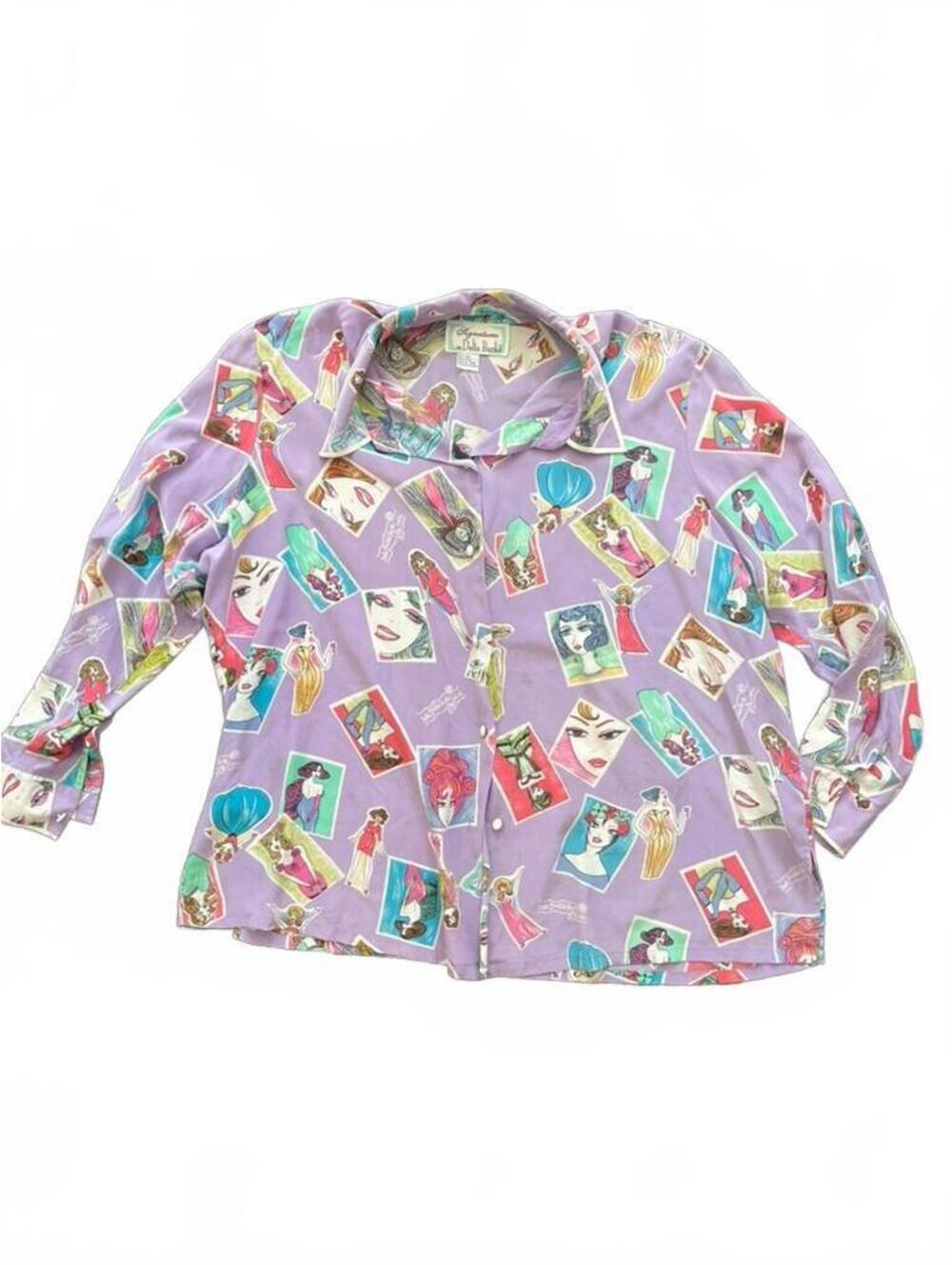 Signatures by Delta Burke Purple Silk Button-Up Shirt with Colorful Fashion Art